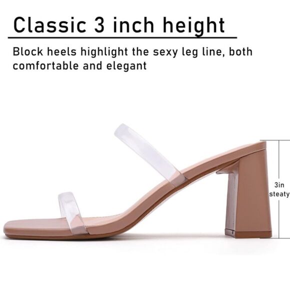 Avidirk Square Open Toe Backless Block Heeled Sandal- Double Clear Strap Slip On - Picture 14 of 14